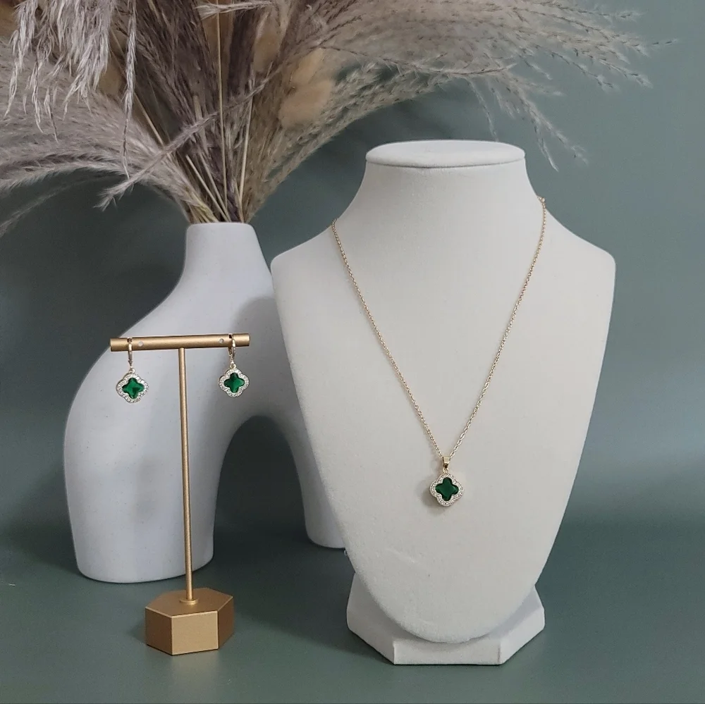 Stainless steel gold tone four leaf clover necklace and earrings set - Picture 4 of 4